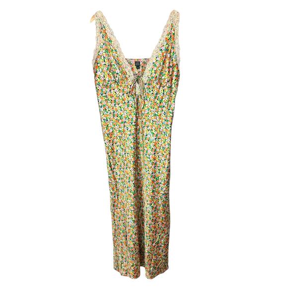 Wild Fable Green Satin Floral Plunge Midi Slip Dress Lace Trim Boho Y2K Size XL - Picture 3 of 14